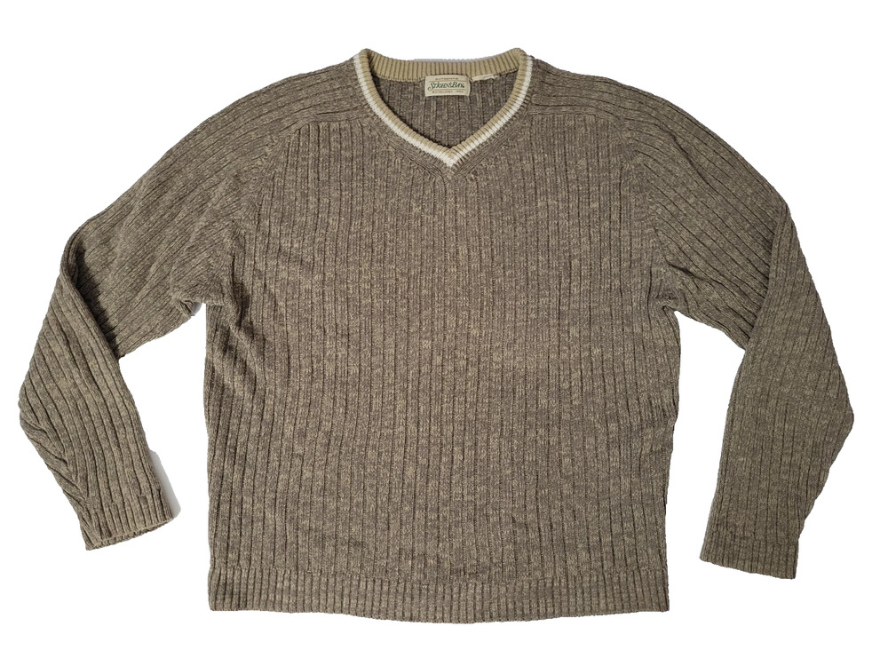 St Johns Bay Mens XL Brown Marled Ribbed Knit V Neck Sweater Contrast Trim